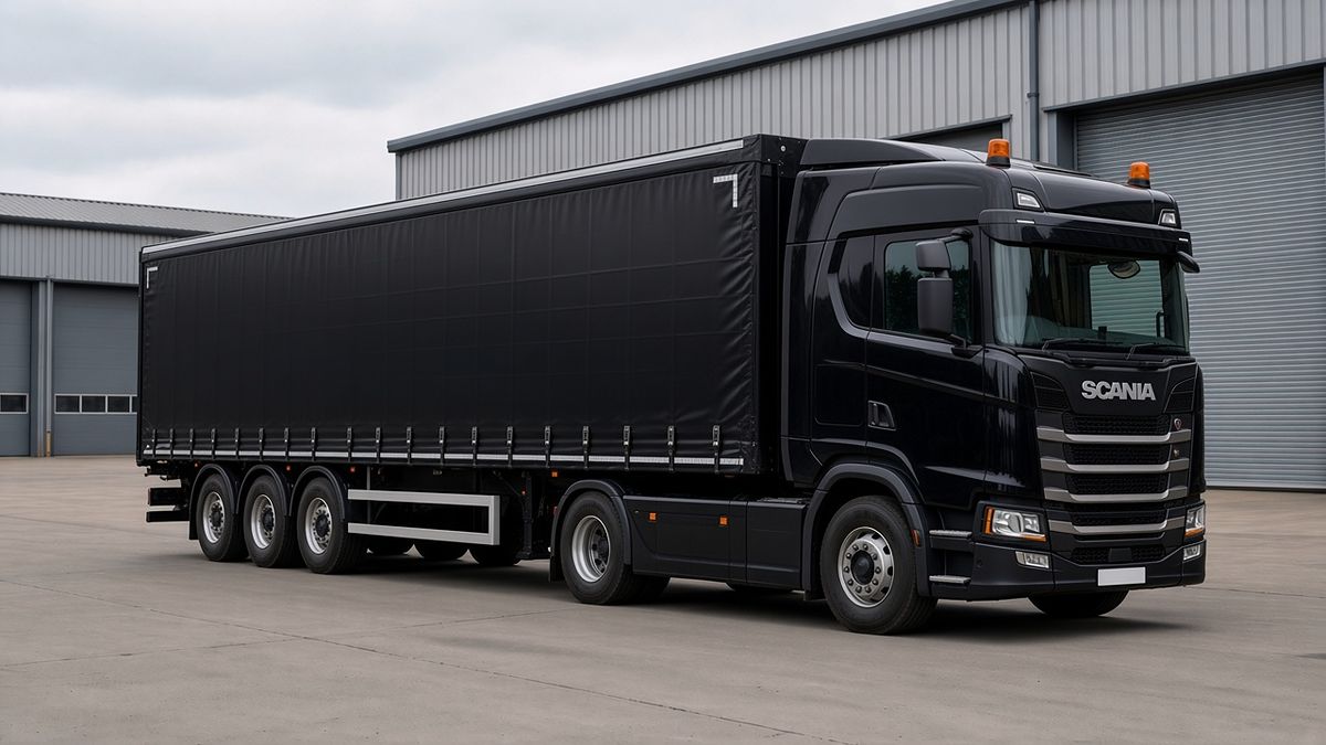 Illustrative image: plain black tractor unit and three-axle curtainsider trailer in a distribution yard