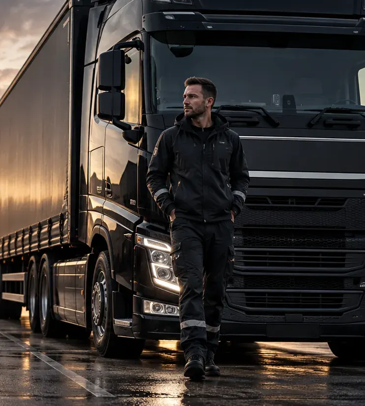 Illustrative image: an HGV driver walking beside a black lorry at dusk